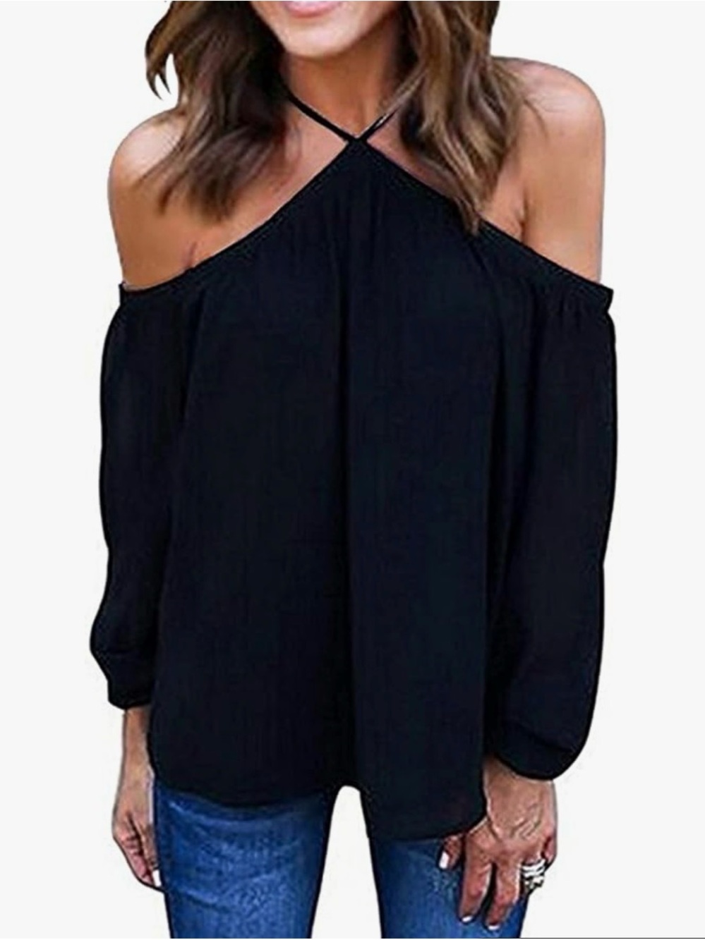 Women's Black Cold-Shoulder Halter Neck Blouse